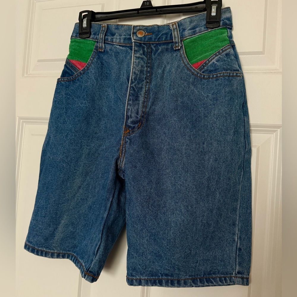 Women's Denim Shorts with Green and Red Accents